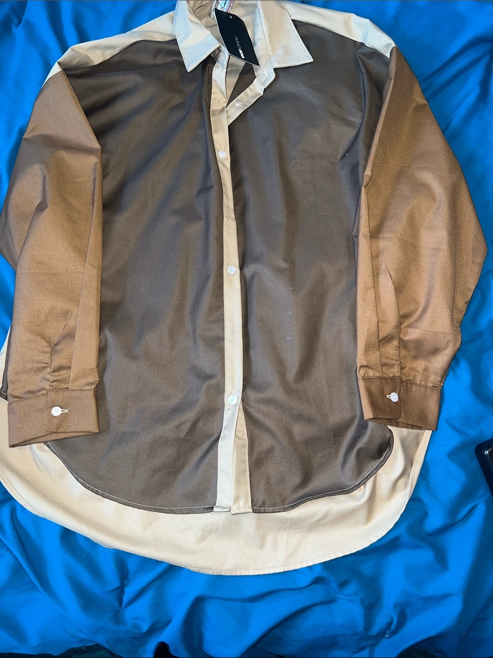 Medium Oversized Fashion Nova Brown Two-Tone Contrast Button-Down Shirt